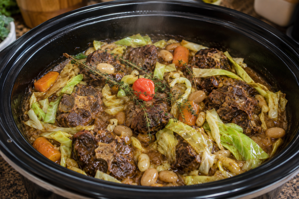 Jamaican oxtails and cabbage in slow cooker