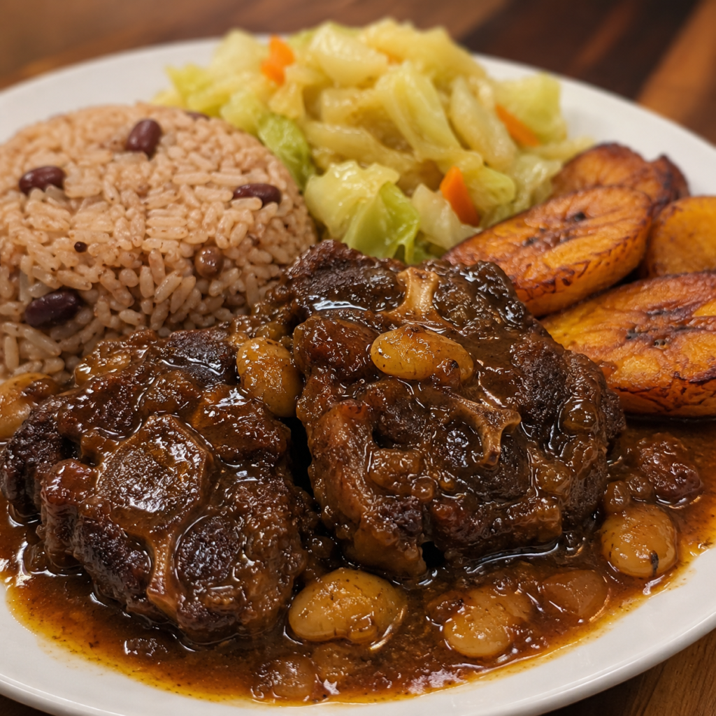 Jamaican oxtail served with rice and peas
