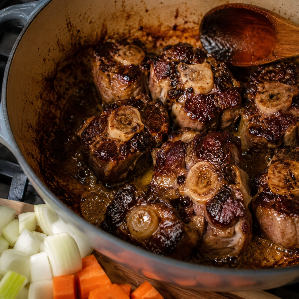 browning oxtail before slow cooking