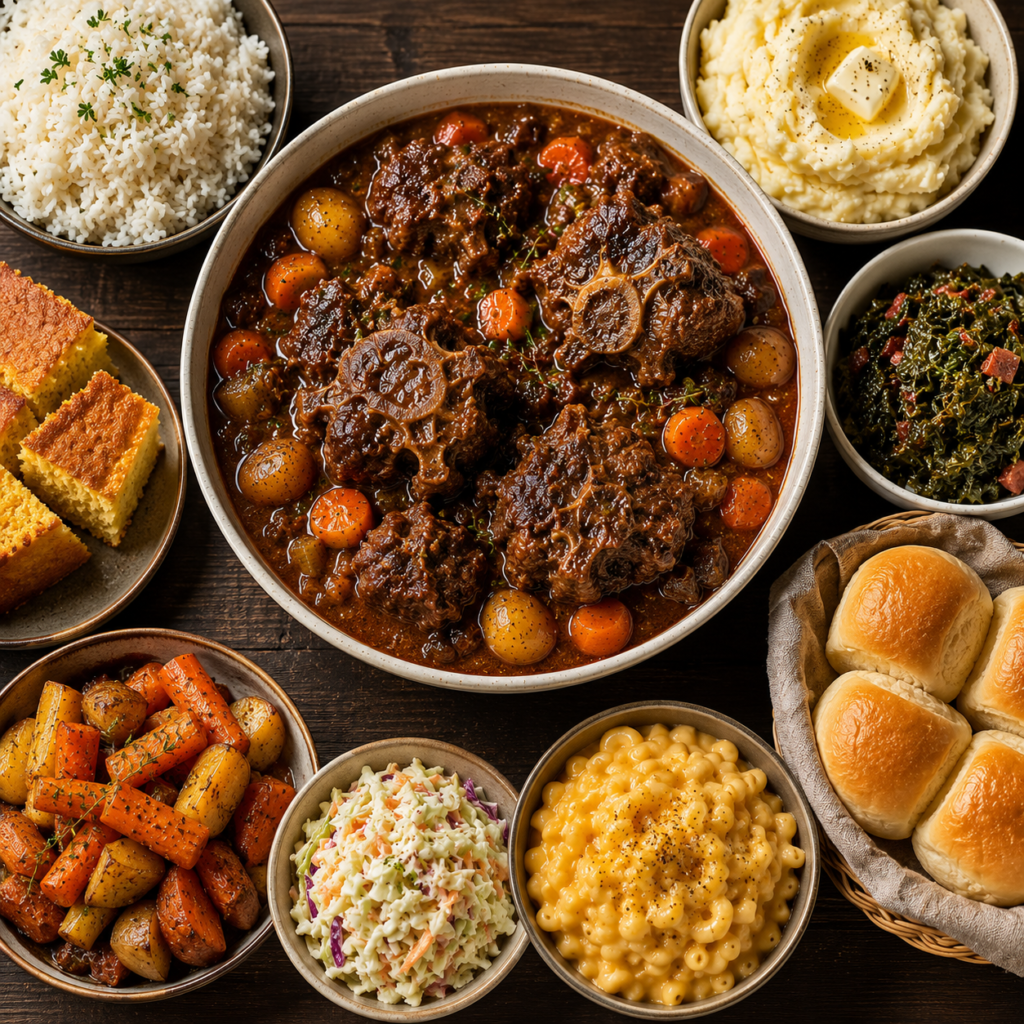 Oxtail stew served with mashed potatoes, rice, bread, and vegetables