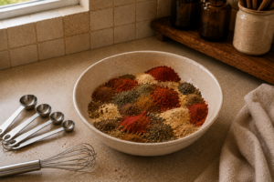 All 17 oxtail seasoning spices added to a mixing bowl