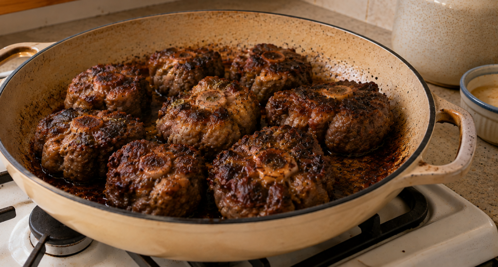 Haitian Oxtails browning in a skillet before slow cooking