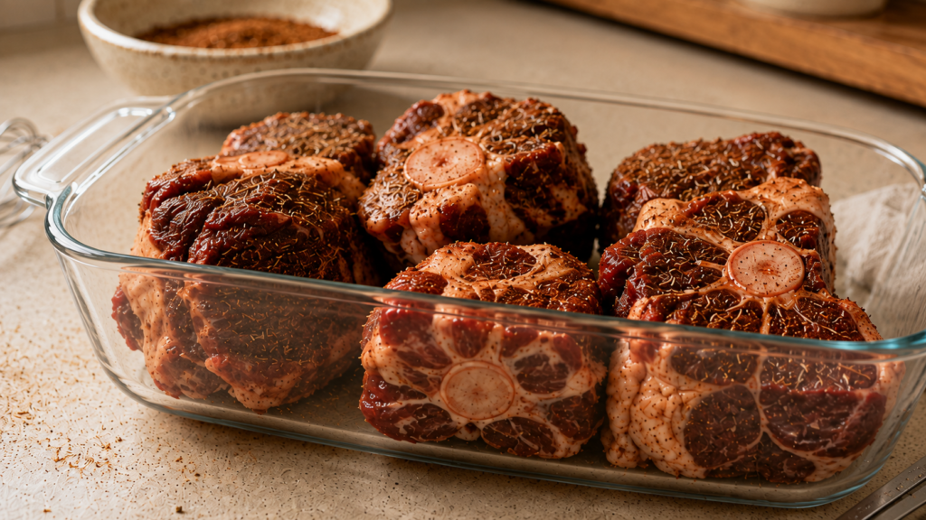Raw oxtail pieces evenly coated with homemade oxtail seasoning recipe