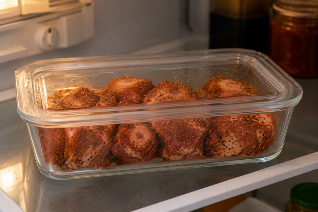 Seasoned oxtail covered and refrigerated before cooking