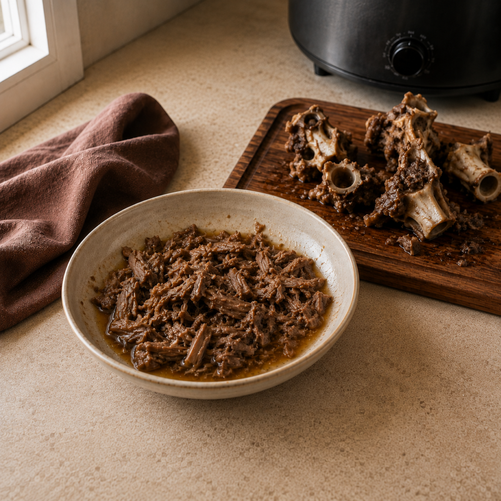 Cooked oxtail meat removed from the bones
