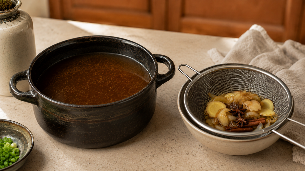 straining clear oxtail noodle soup broth