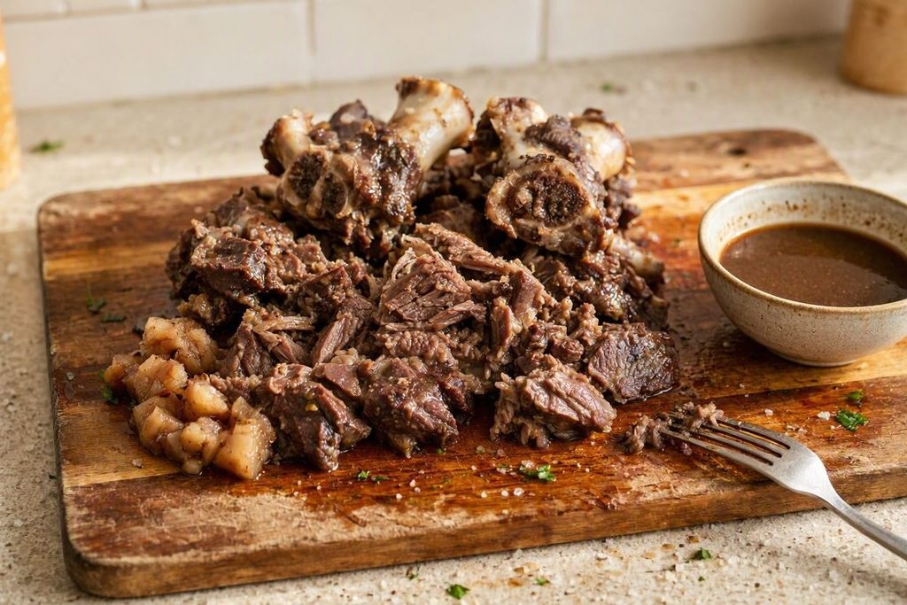 Cooked oxtail removed from the bones