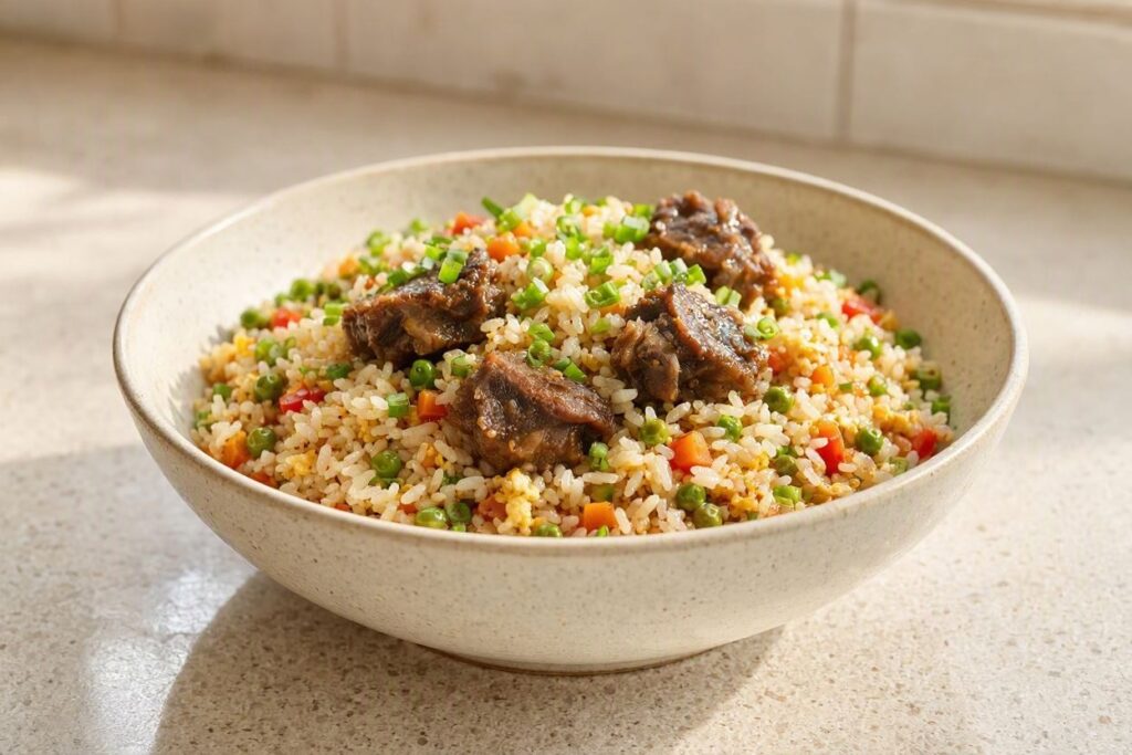 Oxtail fried rice in a bowl