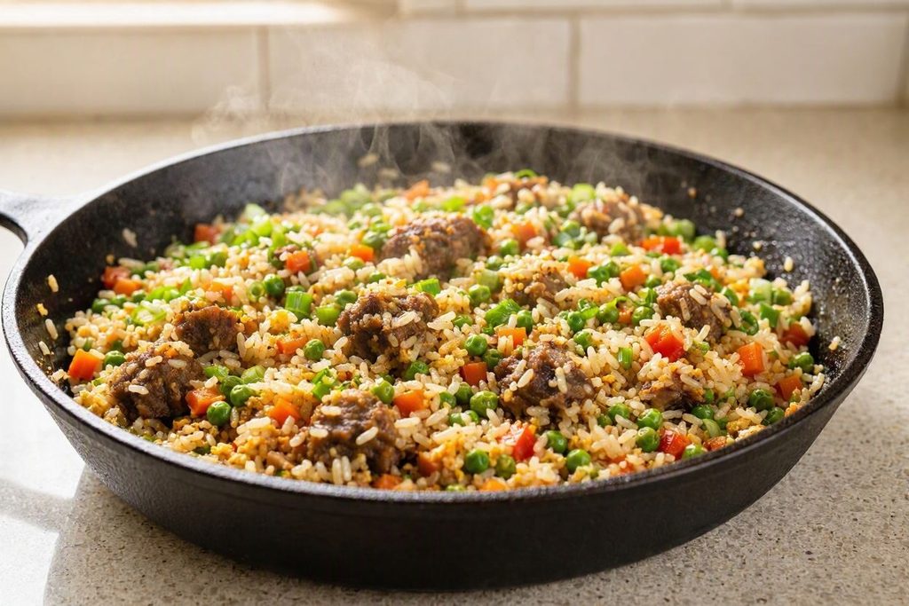 Oxtail fried rice cooking in a skillet