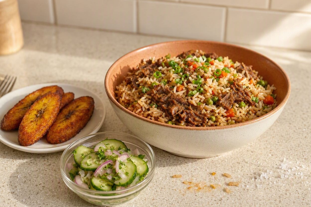 Oxtail fried rice served with sides